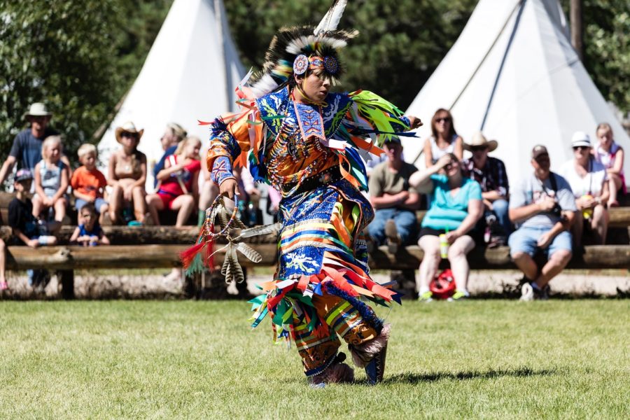 Scene from authentic Native American dances at the Indian Village on the rodeo grounds of the Cheyenne Frontier Days celebration in the Wyoming capital city. | The Gates Frontiers Fund Wyoming Collection at the Library of Congress