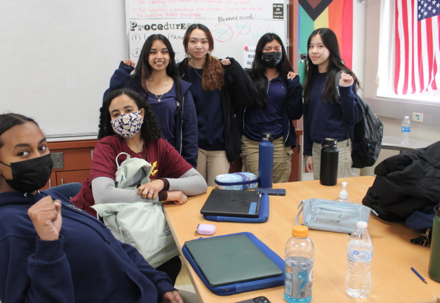 Heaven Woldai ('24), Angelina Abdelrahman ('24), Lesly Castillo ('24), Tracy Trinh ('24), Christian Platas-Sanchez ('24), and Vy Thai ('24) (left to right) demonstrate their pride in women empowerment. 