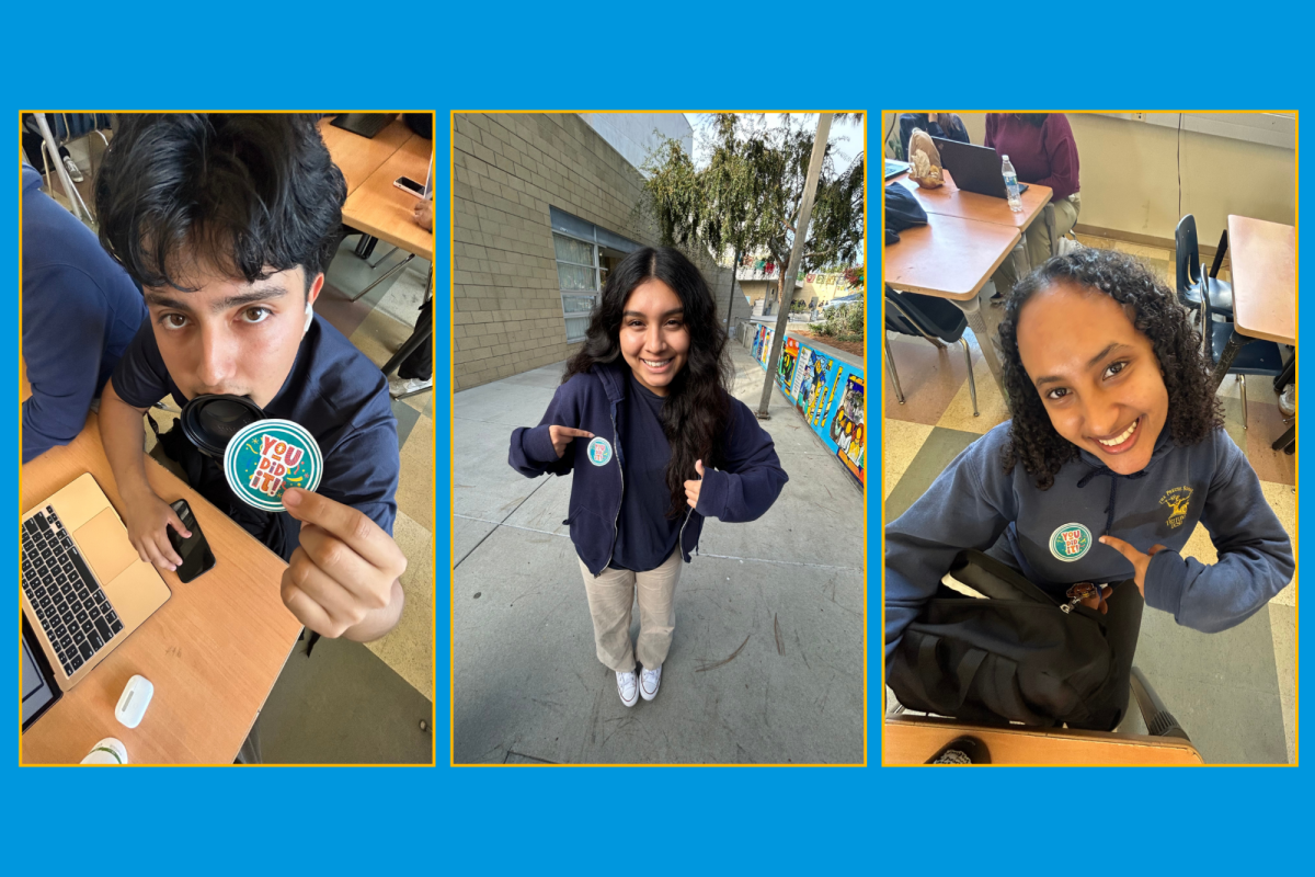 Eden Fente (24), Anali Centeno (24), and Karim Berdeja (24) all submitted their UC applications during UC submit week. Heres them posing with their You Did It! stickers. 