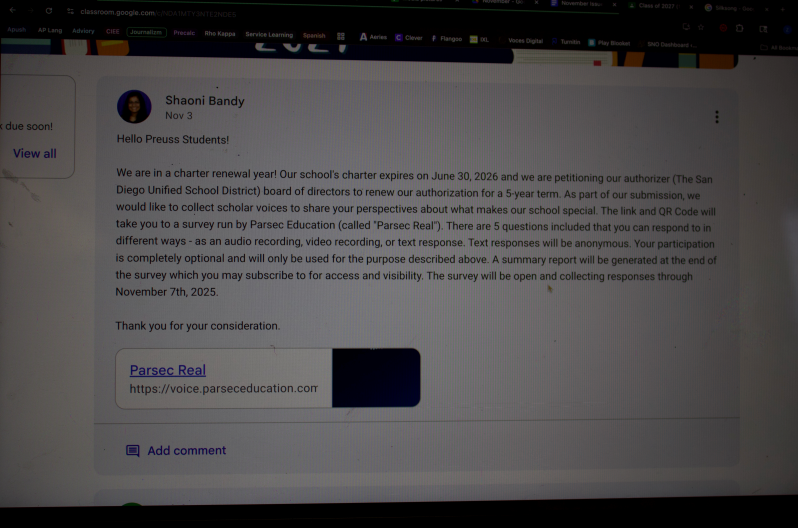 Google Classroom post regarding charter renewal survey
