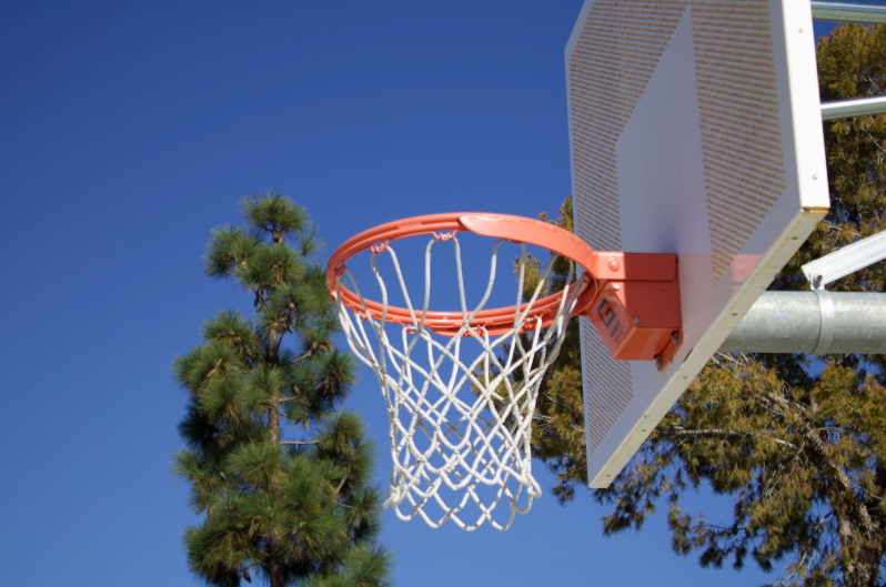 One of the outdoor basketball hoops featured on the Preuss campus.