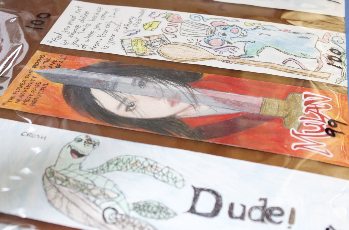 Bookmarks created by high school students on display.